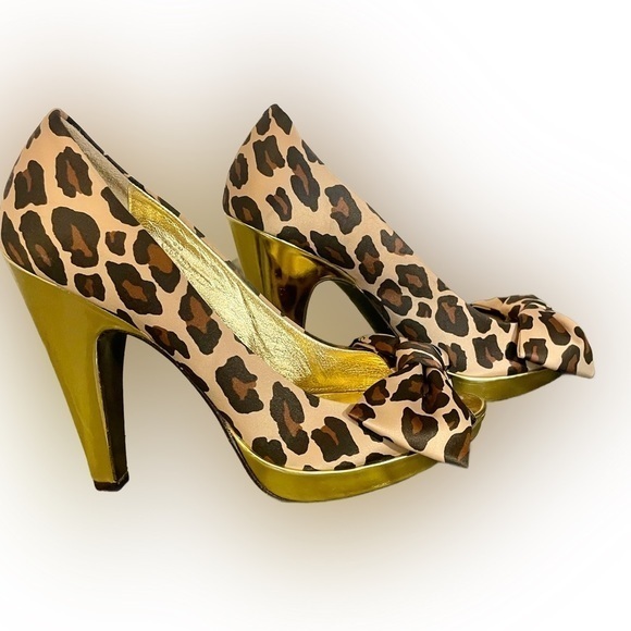 Coach Satin Leopard Print Daisey Open Toe Pumps Gold Heel Bow 8 Made In Italy - Picture 2 of 7